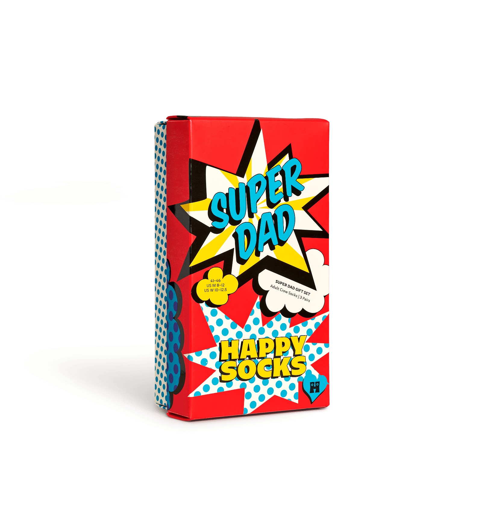 A novelty sock box for 'Super Dad' featuring a bold comic-book style design with red, blue, yellow, and white starburst graphics on a clean white background.