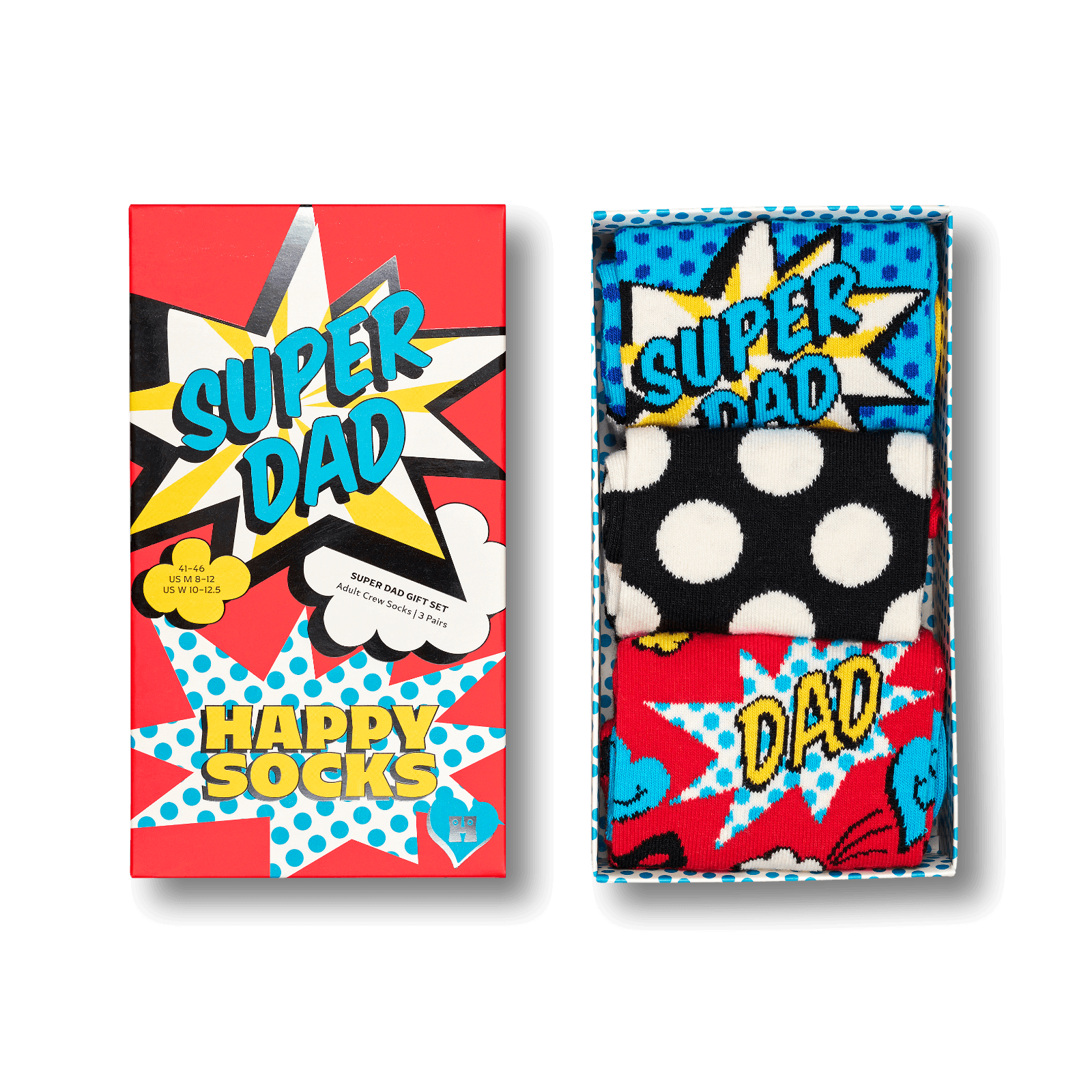 Boxed set of three novelty socks with comic-book style packaging. The left box reads 'SUPER DAD HAPPY SOCKS' in bold comic-style graphics, and the right side shows the open box containing three patterned socks: blue with white polka dots, black with white polka dots, and red with comic burst graphics.