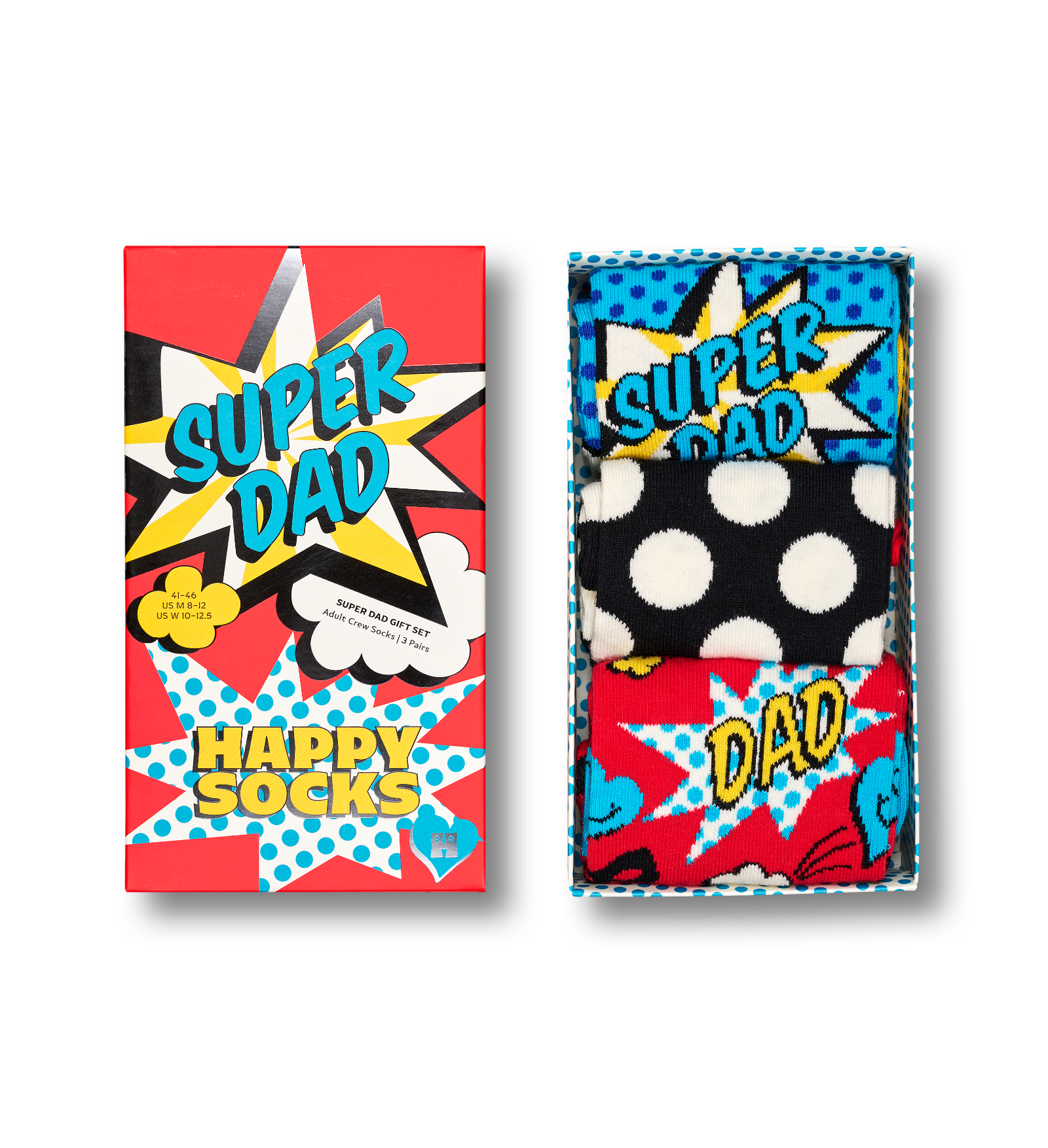 Boxed set of three novelty socks with comic-book style packaging. The left box reads 'SUPER DAD HAPPY SOCKS' in bold comic-style graphics, and the right side shows the open box containing three patterned socks: blue with white polka dots, black with white polka dots, and red with comic burst graphics.