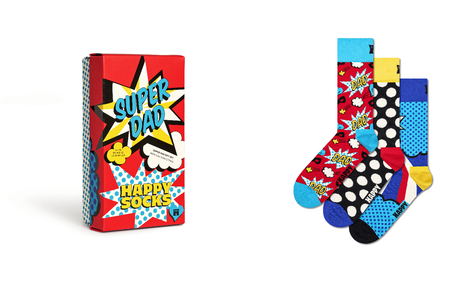 Happy Socks 'Super Dad' gift set featuring a red comic-book style box with 'SUPER DAD' and 'HAPPY SOCKS' text, alongside three colorful patterned socks with polka dots, stars, and comic burst designs on a white background.