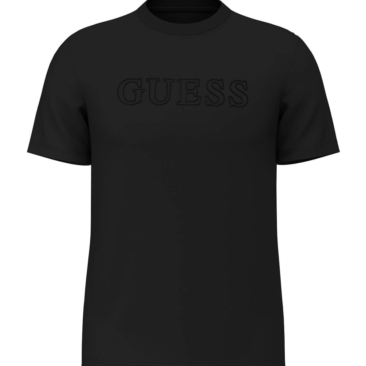 Black t-shirt with 'GUESS' logo on a white background