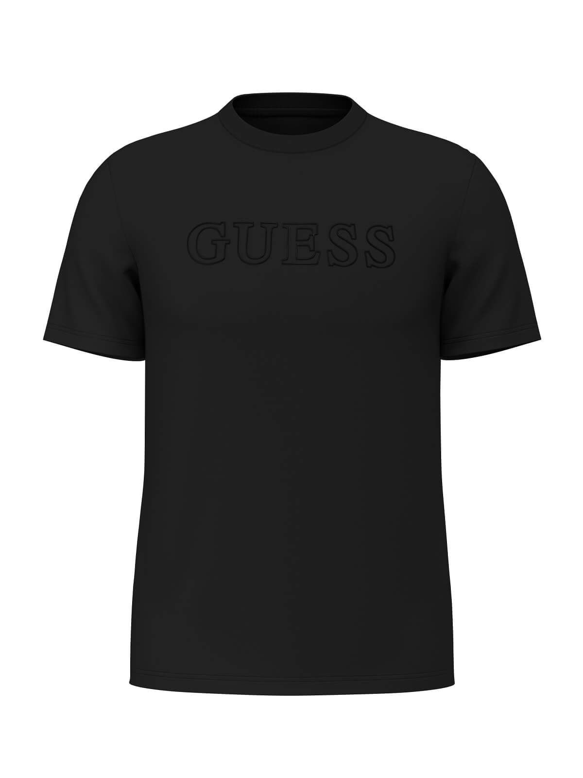 Black t-shirt with 'GUESS' logo on a white background