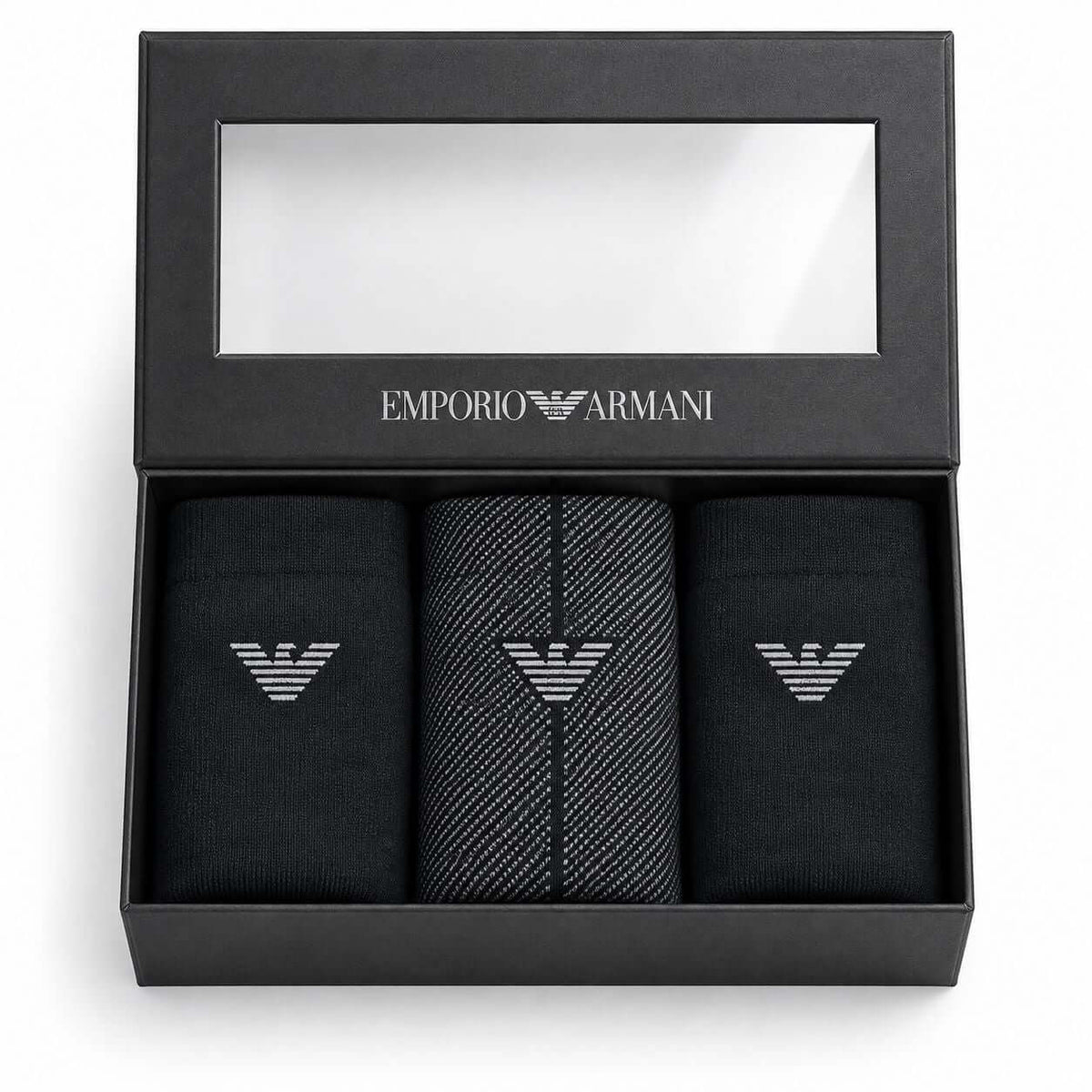 Emporio Armani men's gift set containing three pairs of black dress socks in a black presentation box with a clear window and the brand logo.