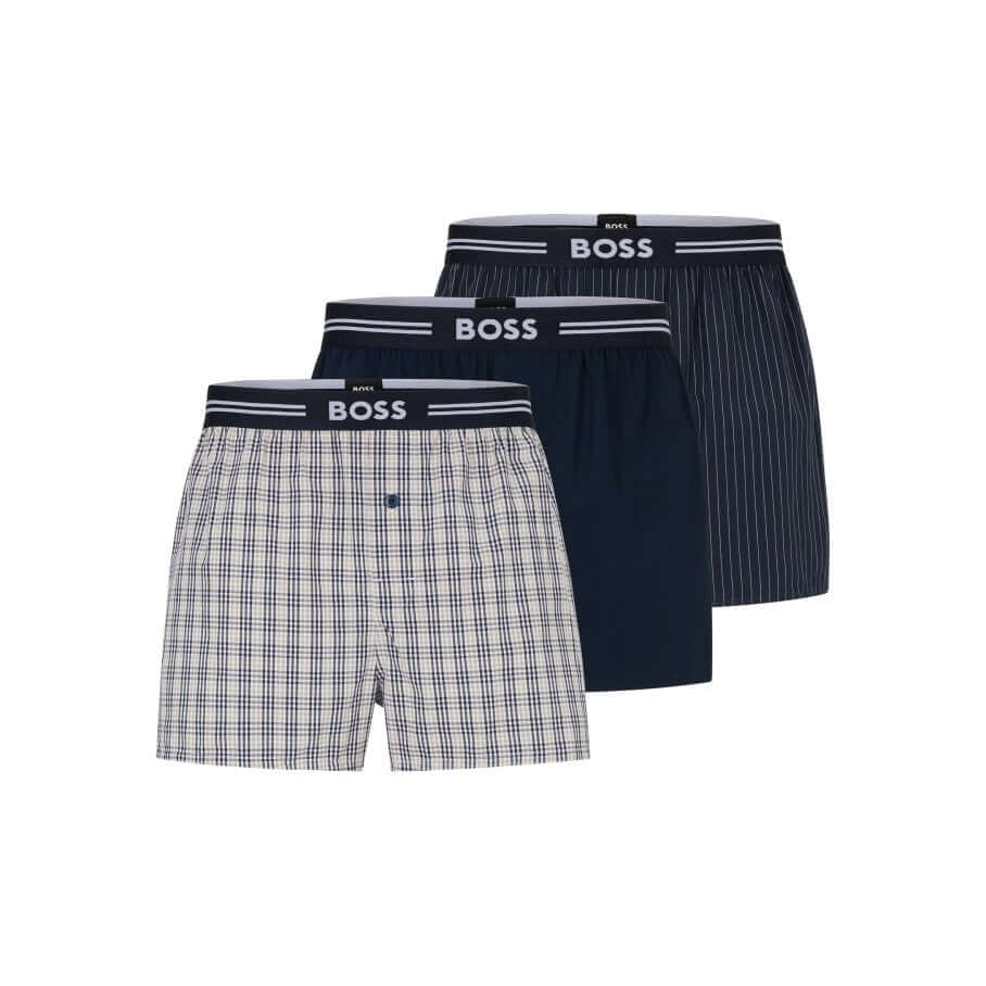 Boss 3 Pack Cotton Woven Boxers - Navy Multi ( Pyjama Boxer Shorts )