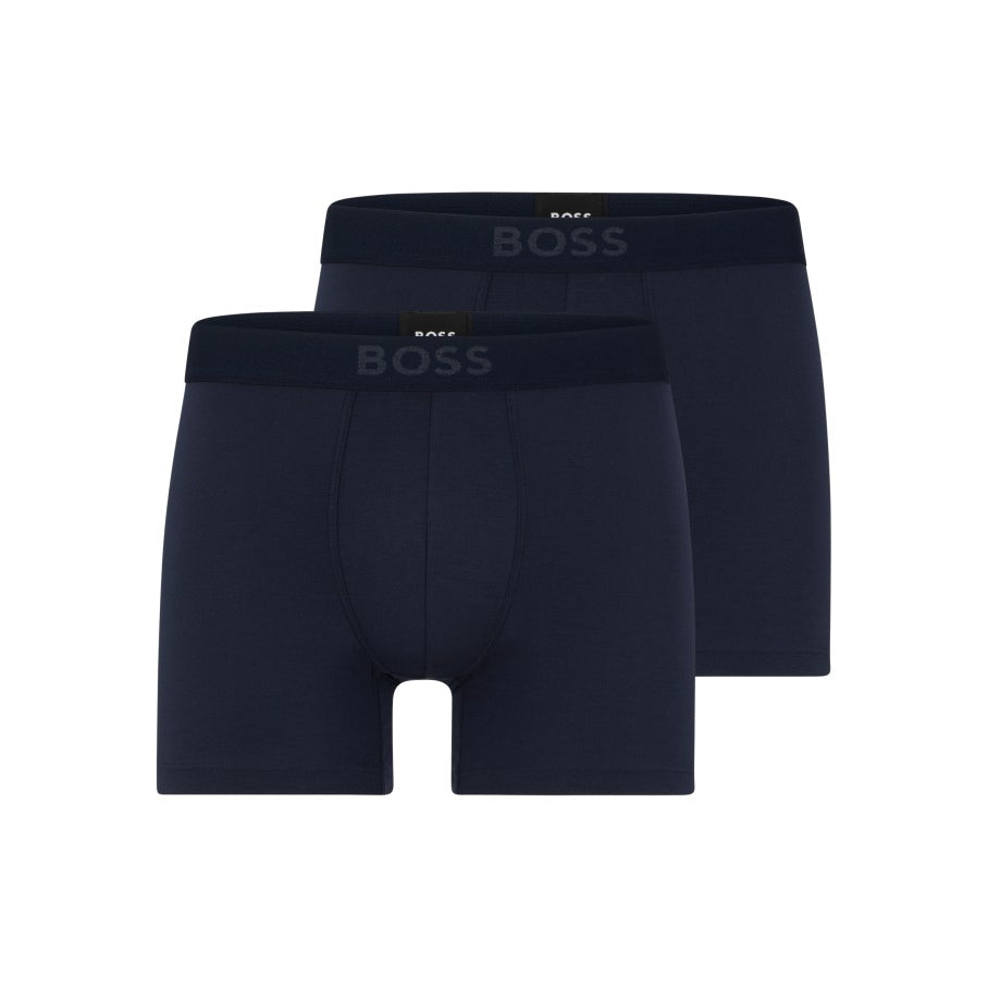 Two pairs of black boxer briefs with 'BOSS' branding on a white background