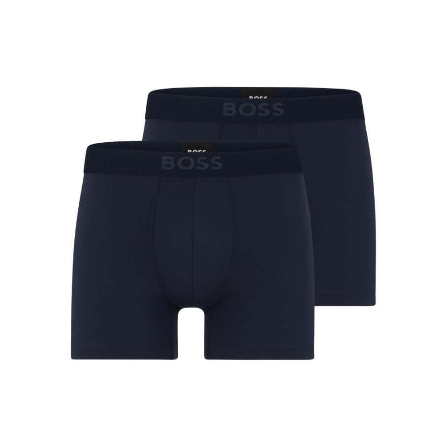 Two pairs of black boxer briefs with 'BOSS' branding on a white background
