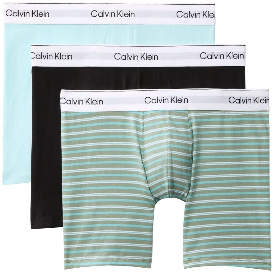 Calvin Klein Icon Cotton Stretch 3 Pack Boxer Briefs 40M aqua black and striped green colourway, pack front