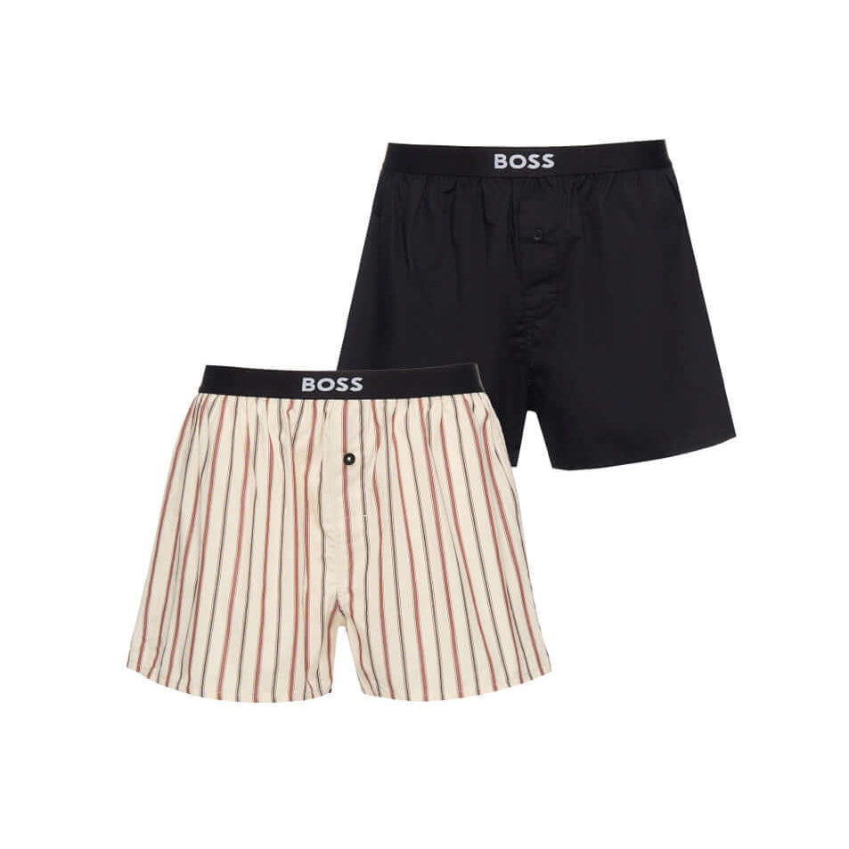 Boss 2 Pack Woven Boxers / Pyjama Shorts - Black-Stripes