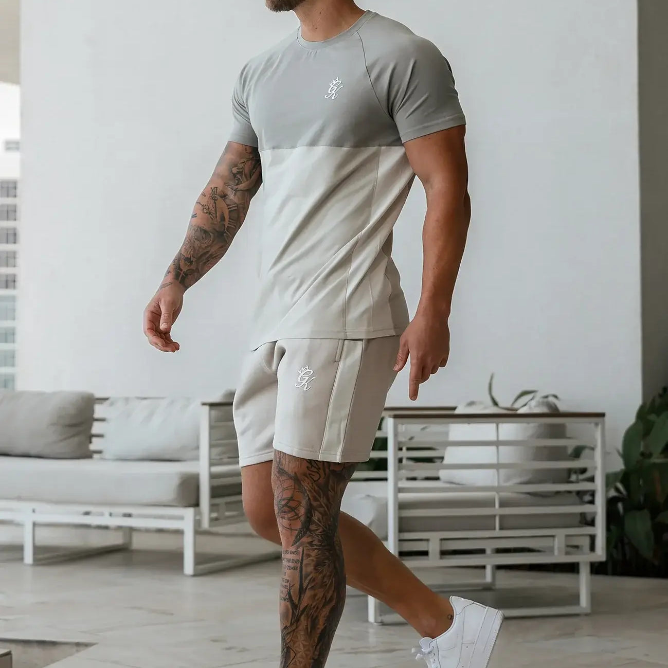 Gym King Contrast Panel Tee - Light Stone/Taupe/White, T-Shirt