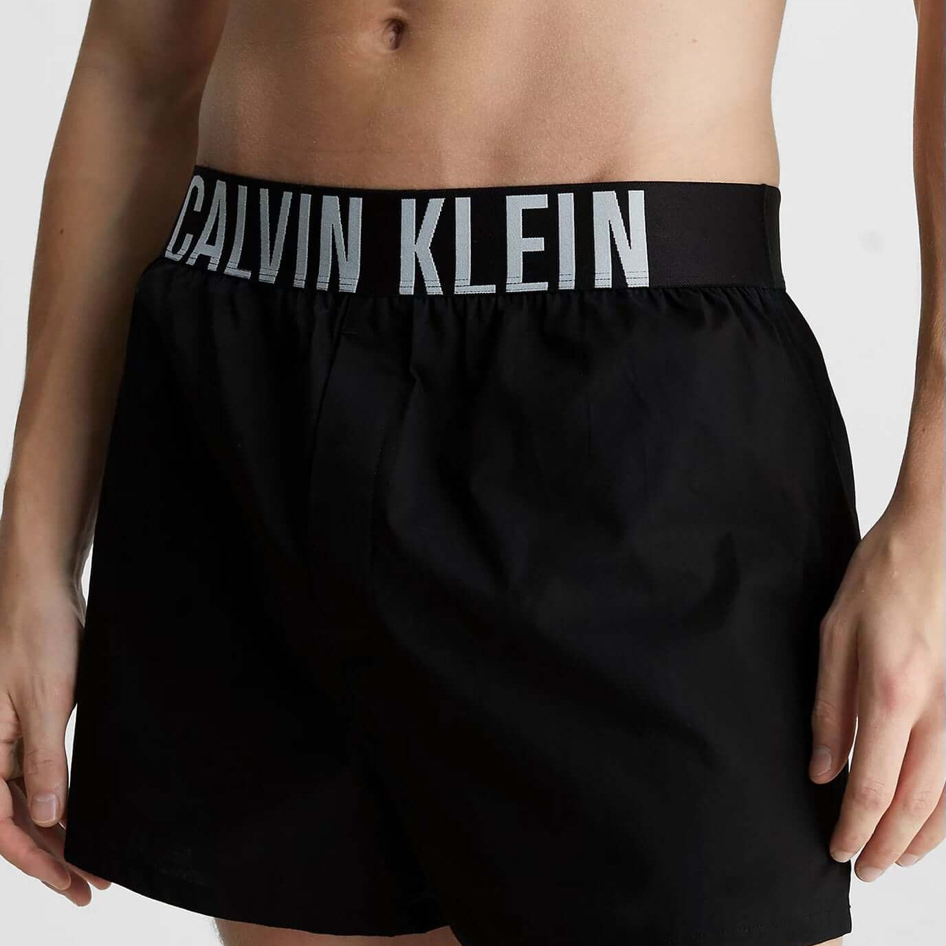 Calvin Klein 2 Pack Slim Fit Woven Boxers, Intense Power Black / Blue