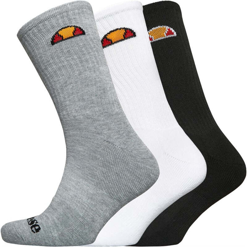 Ellesse 3 Pack Crew Socks - White, Grey, Black | UK 9–11.5