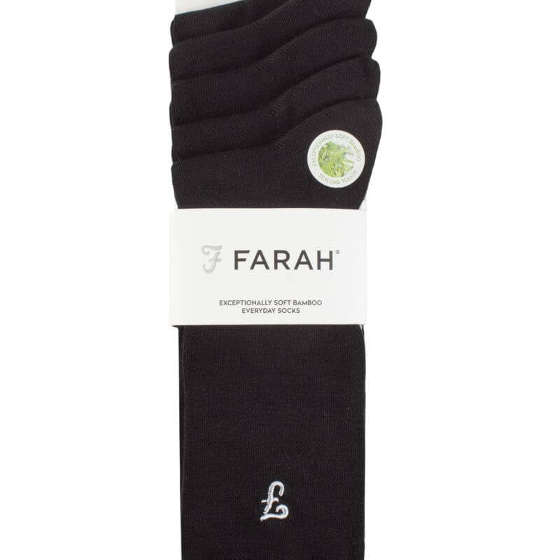 Farah Men’s 5 Pack Bamboo Socks – Contrast Heel & Toe with Embroidered Leg (UK 6-11)