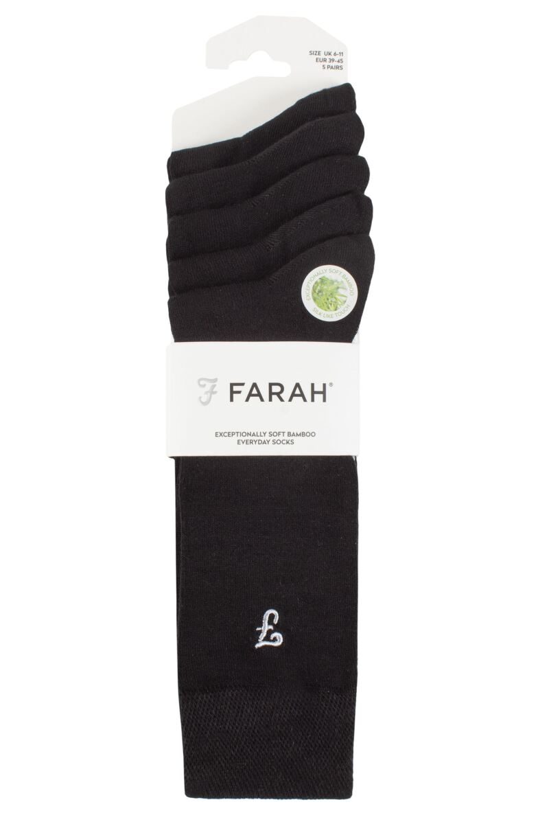 Farah Men’s 5 Pack Bamboo Socks – Contrast Heel & Toe with Embroidered Leg (UK 6-11)