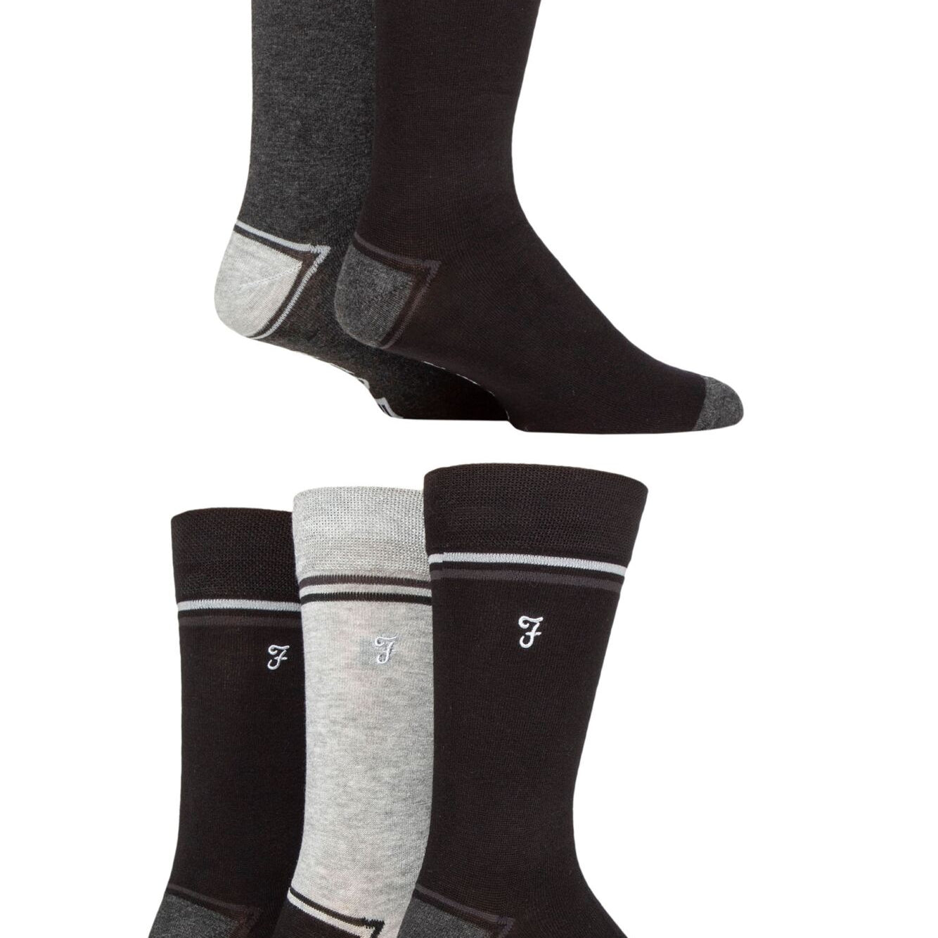 Farah Men’s 5 Pack Bamboo Socks – Contrast Heel & Toe with Embroidered Leg (UK 6-11)