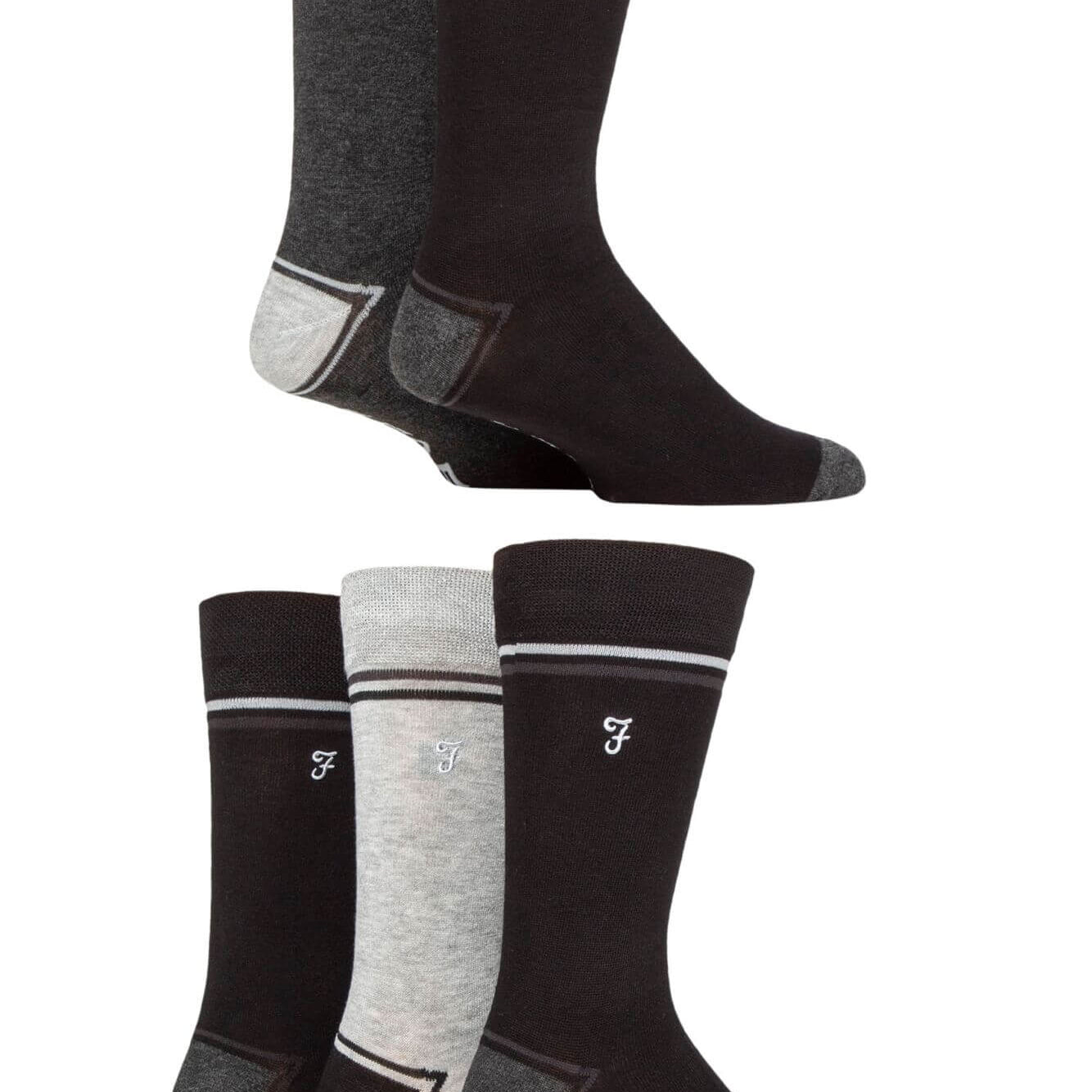 Farah Men’s 5 Pack Bamboo Socks – Contrast Heel & Toe with Embroidered Leg (UK 6-11)