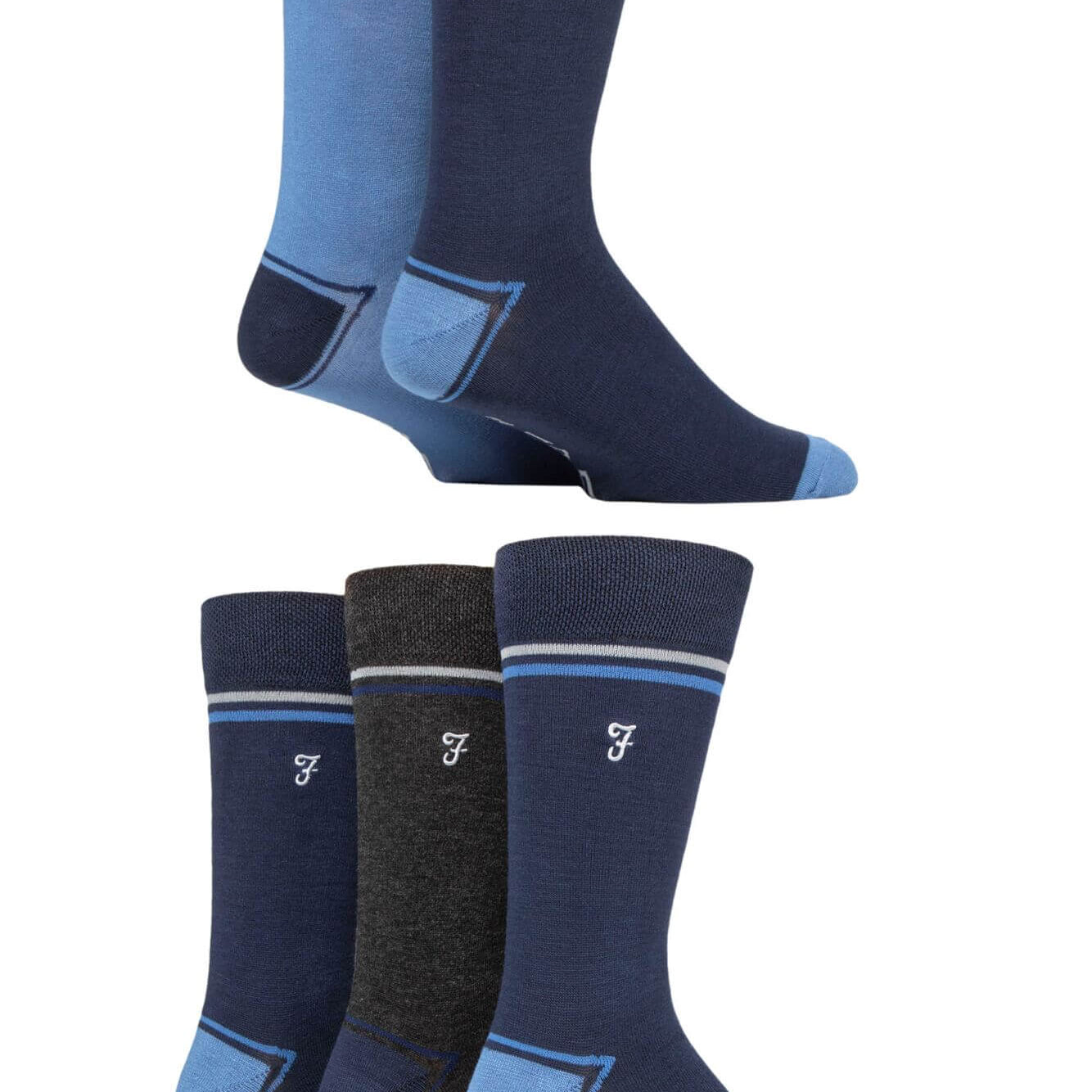 Farah Men’s 5 Pack Bamboo Socks – Contrast Heel & Toe with Embroidered Leg (UK 6-11)