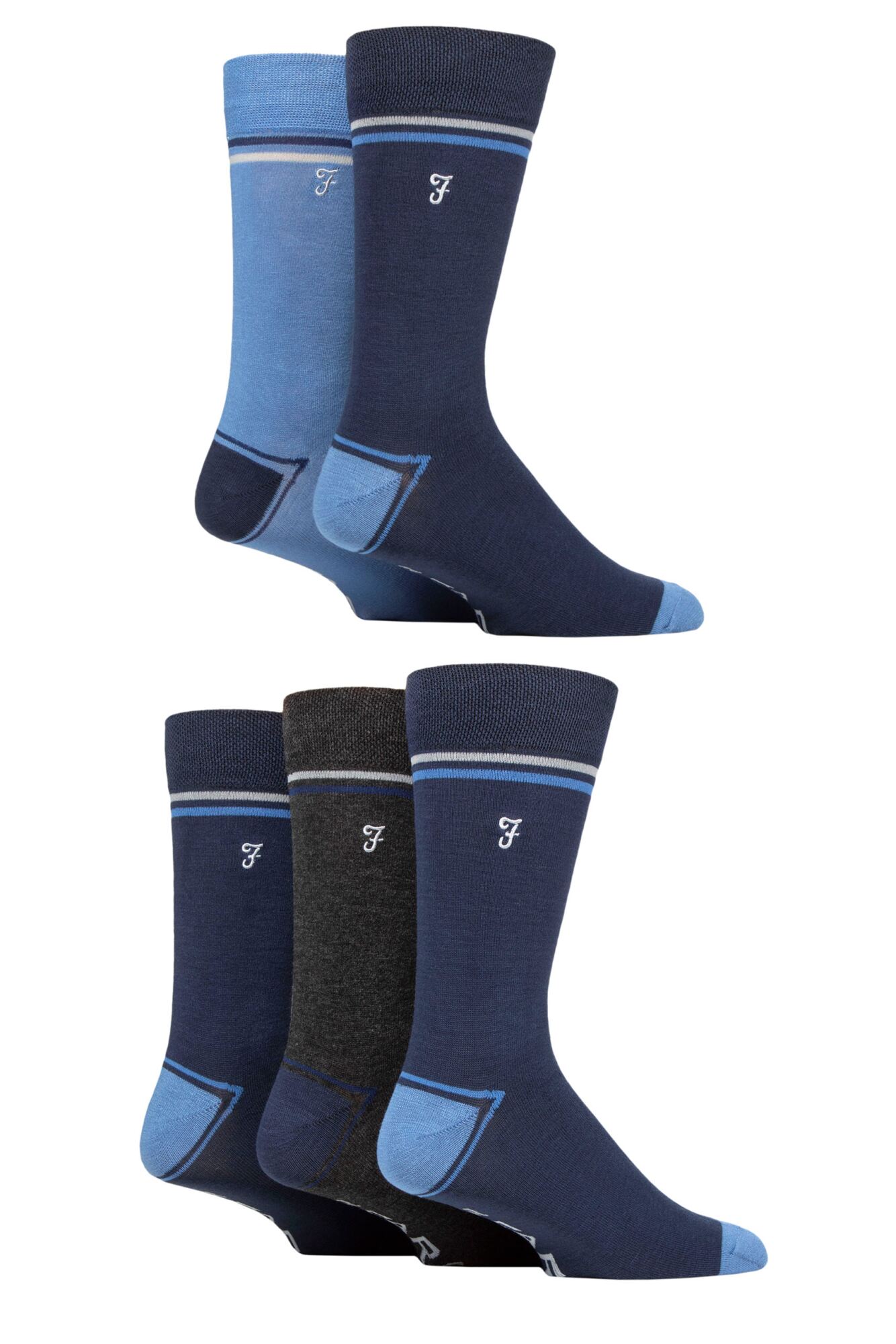 Farah Men’s 5 Pack Bamboo Socks – Contrast Heel & Toe with Embroidered Leg (UK 6-11)