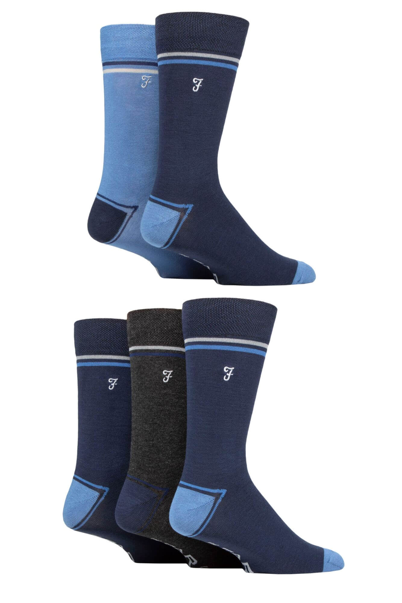 Farah Men’s 5 Pack Bamboo Socks – Contrast Heel & Toe with Embroidered Leg (UK 6-11)