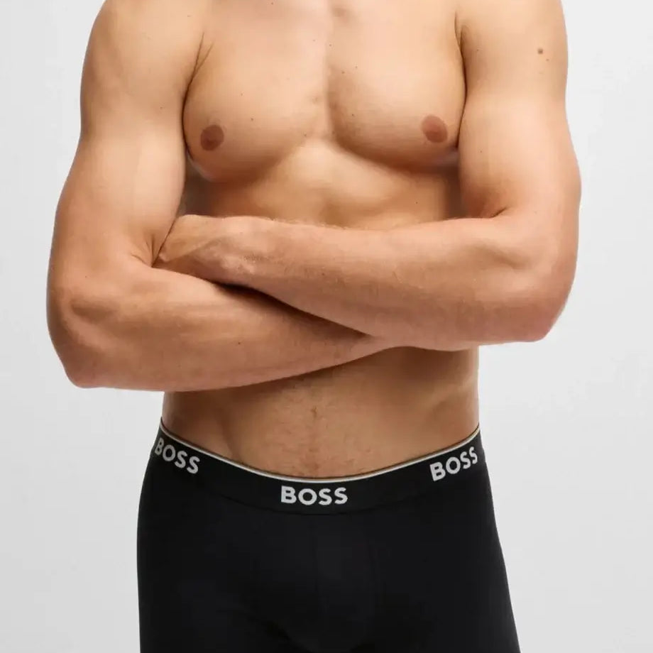BOSS – 3 Pack Stretch Cotton Boxer Briefs with Logo Waistbands – Black