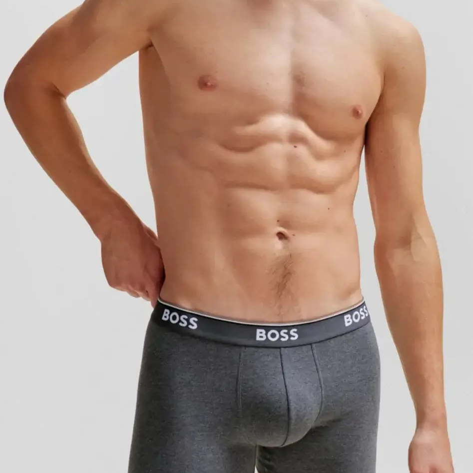 BOSS – 3 Pack Stretch Cotton Boxer Briefs with Logo Waistbands – Black / Grey
