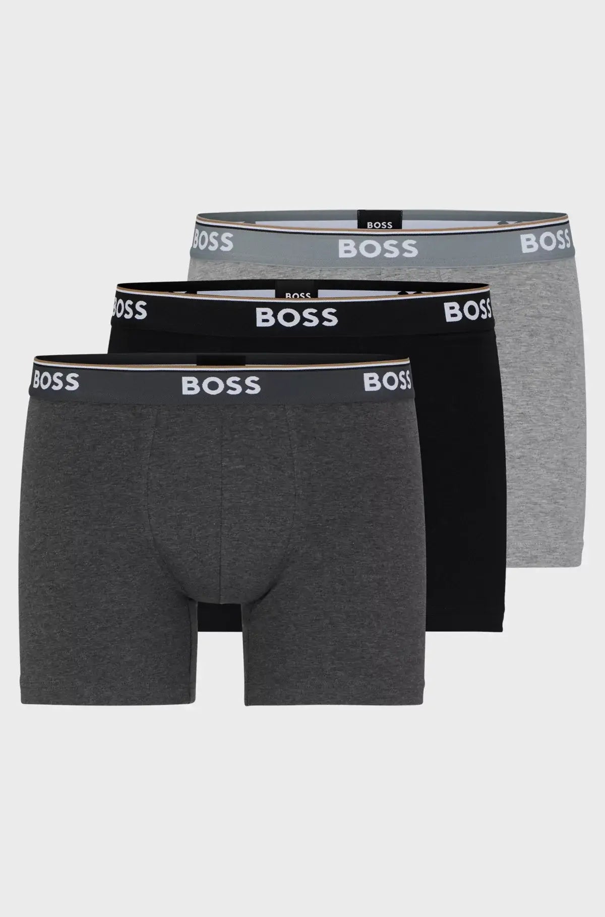 BOSS – 3 Pack Stretch Cotton Boxer Briefs with Logo Waistbands – Black / Grey