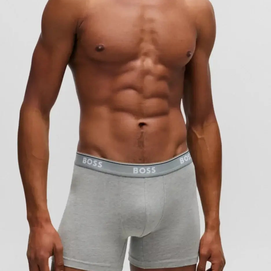 BOSS – 3 Pack Stretch Cotton Boxer Briefs with Logo Waistbands – White / Grey / Black