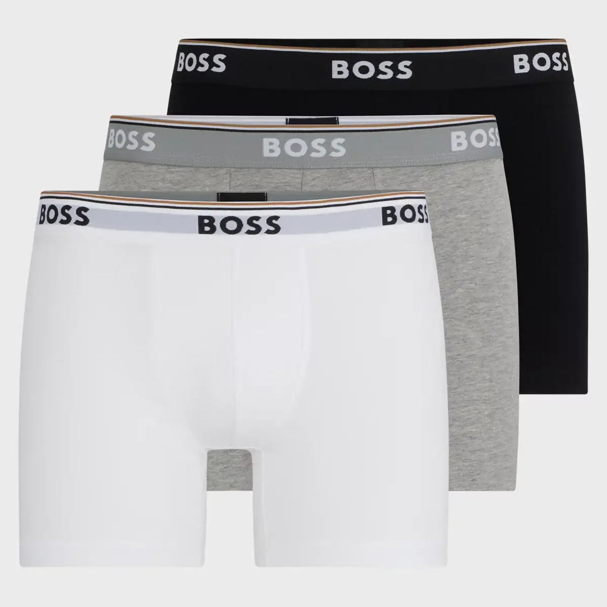 BOSS – 3 Pack Stretch Cotton Boxer Briefs with Logo Waistbands – White / Grey / Black