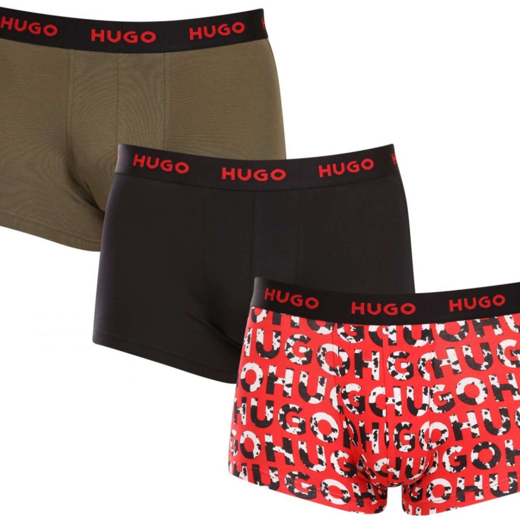 Hugo 3 Pack Stretch Cotton Trunks with Logo Waistbands - Black/Olive/Red