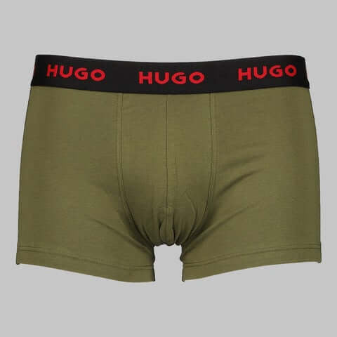 Hugo 3 Pack Stretch Cotton Trunks with Logo Waistbands - Black/Olive/Red