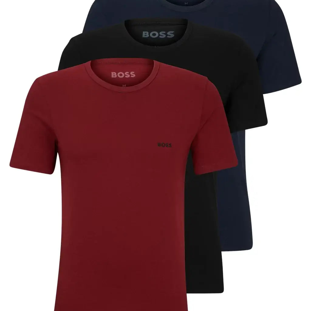 Boss 3 Pack Regular Fit Cotton T-Shirts Logo Embroidered - Red/Blue/Black
