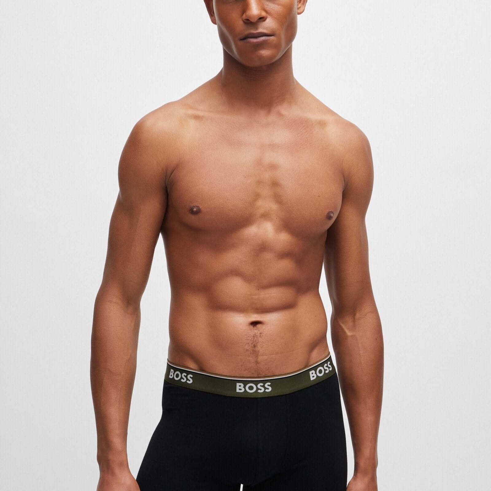Boss 3 Pack of Stretch Cotton Boxer Briefs - Black with Green/Blue/Olive Waistbands