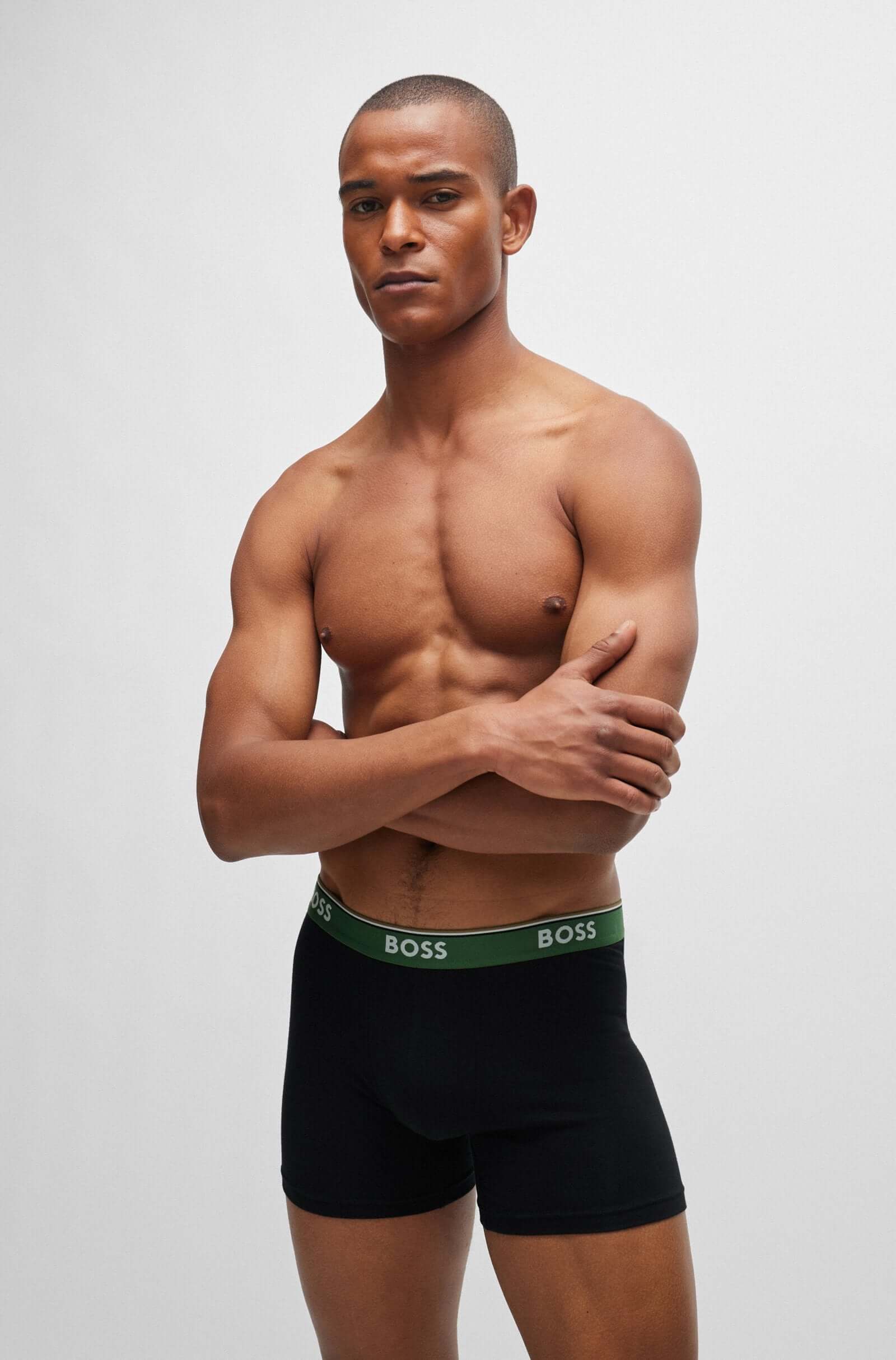 Boss 3 Pack of Stretch Cotton Boxer Briefs - Black with Green/Blue/Olive Waistbands