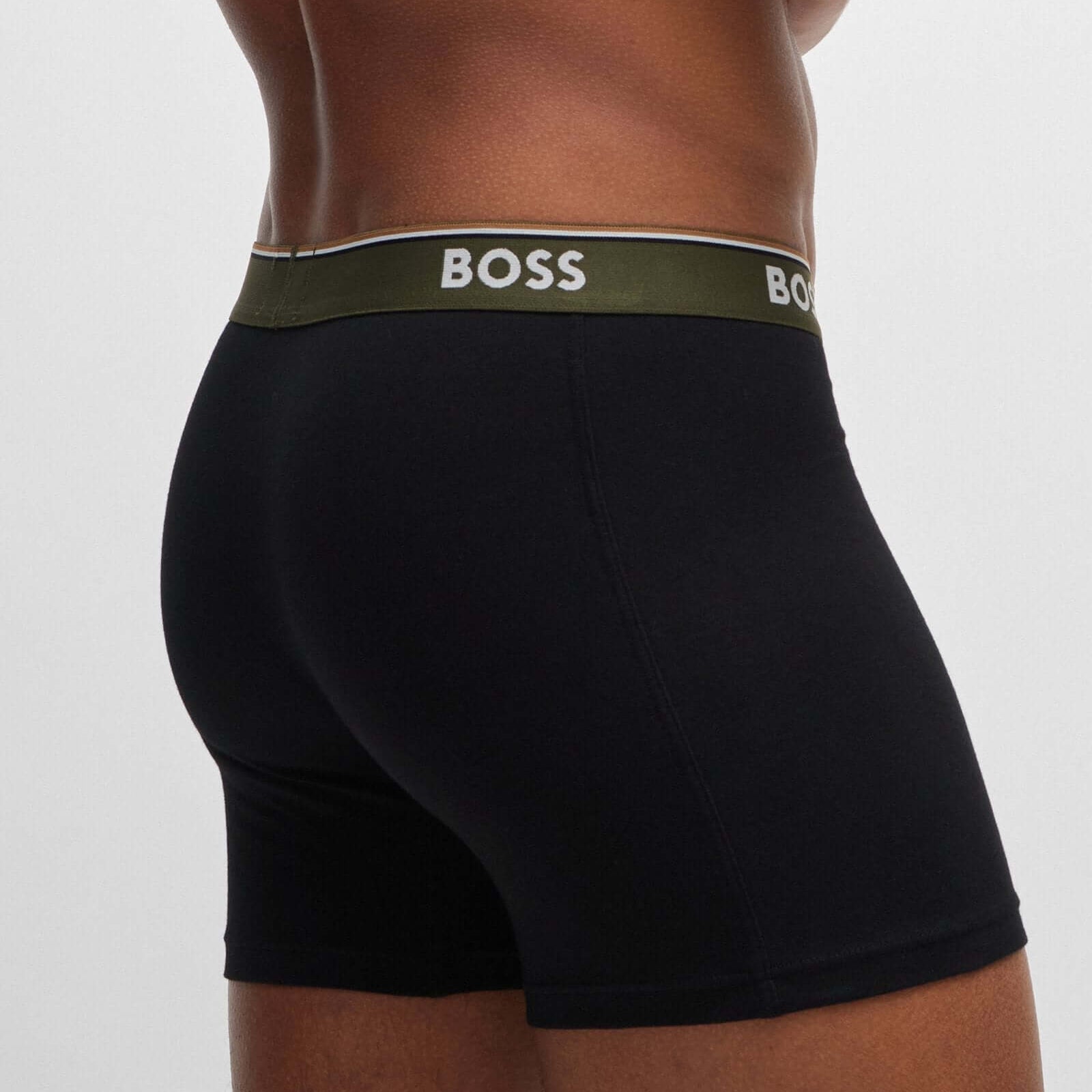 Boss 3 Pack of Stretch Cotton Boxer Briefs - Black with Green/Blue/Olive Waistbands