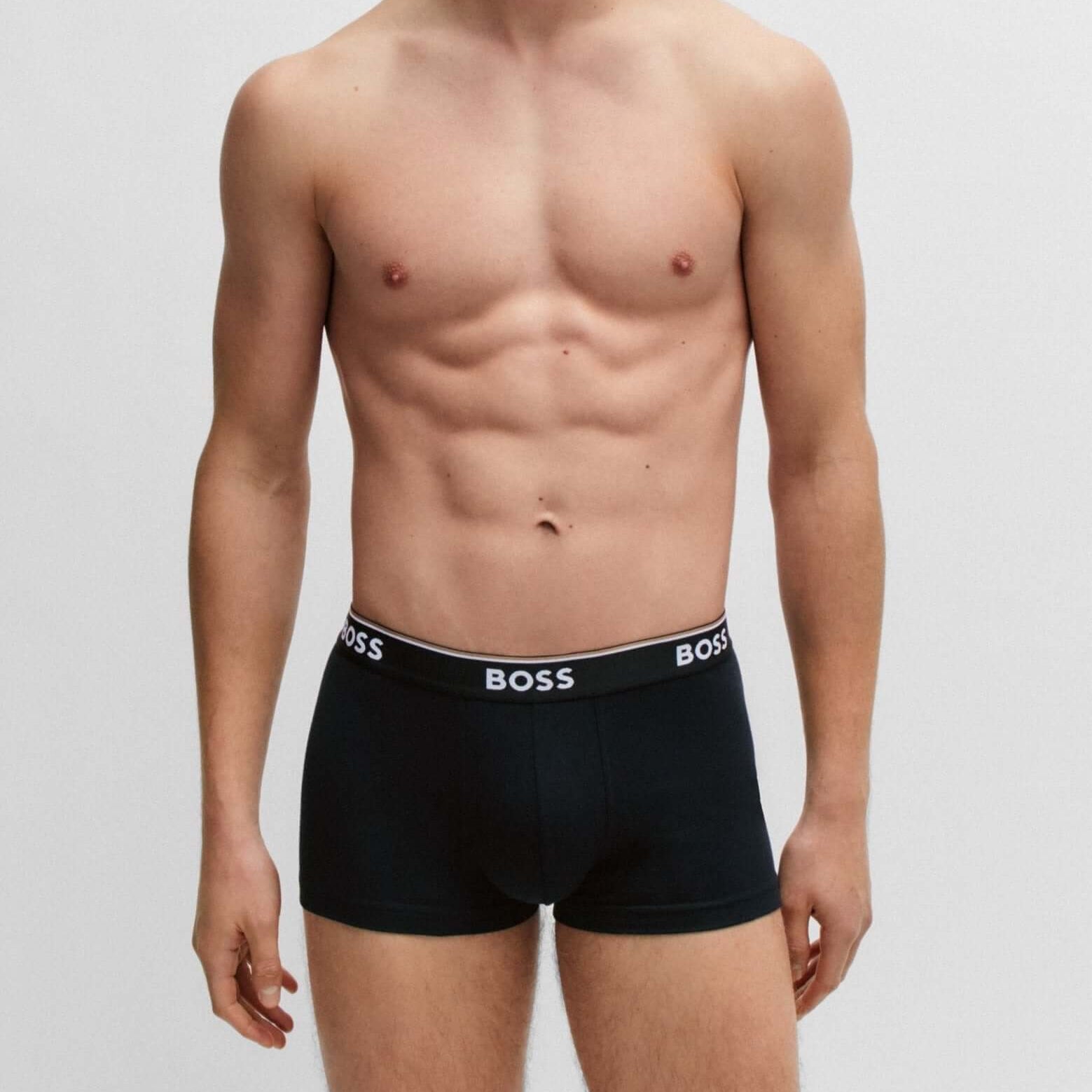 Boss 3 Pack of Stretch-Cotton Trunks - Black with Black/White/Brown Waistbands