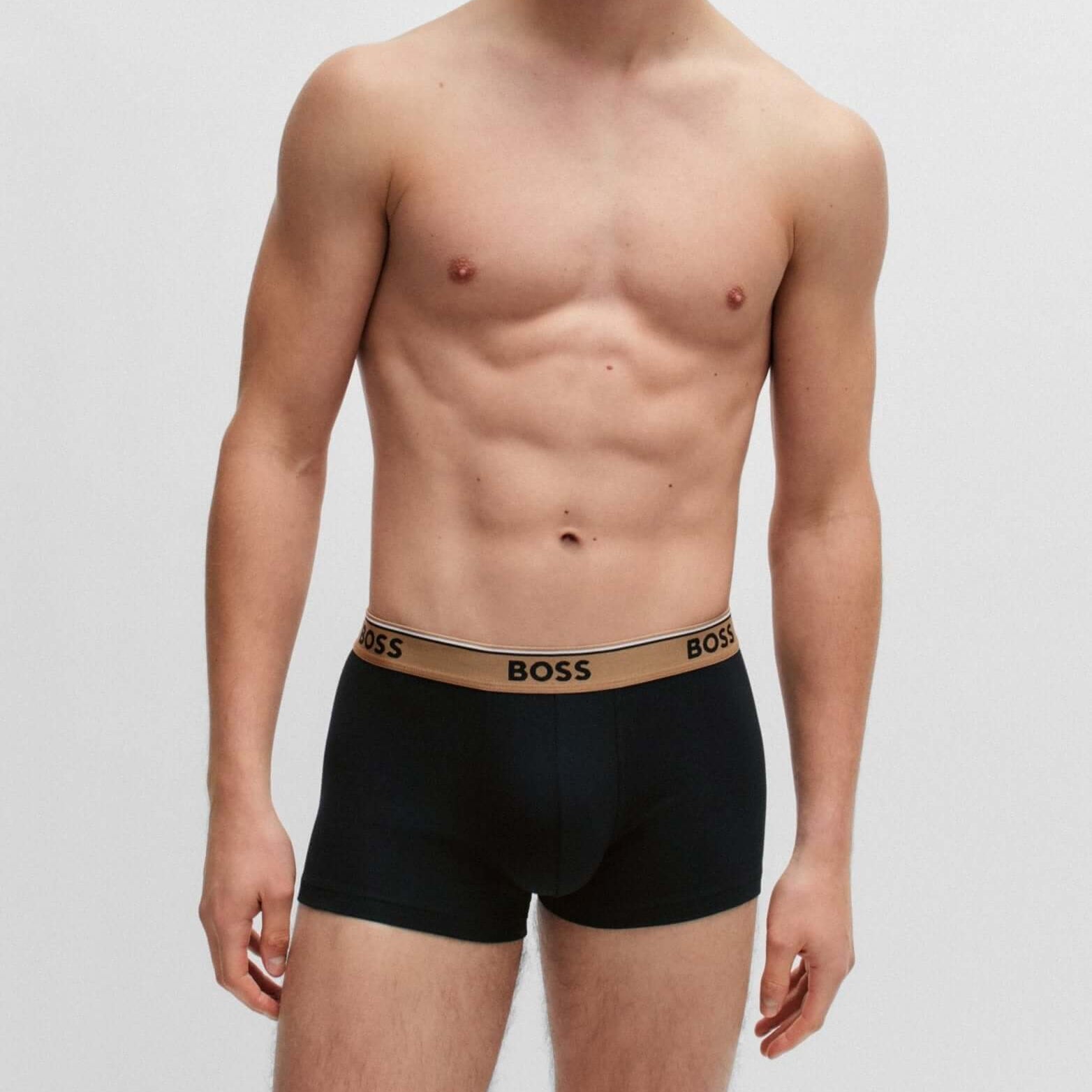 Boss 3 Pack of Stretch-Cotton Trunks - Black with Black/White/Brown Waistbands