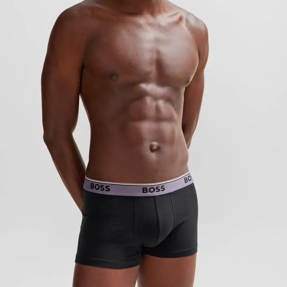 Boss 3 Pack of Stretch-Cotton Trunks - Black with Yellow/Purple/Charcoal Waistbands
