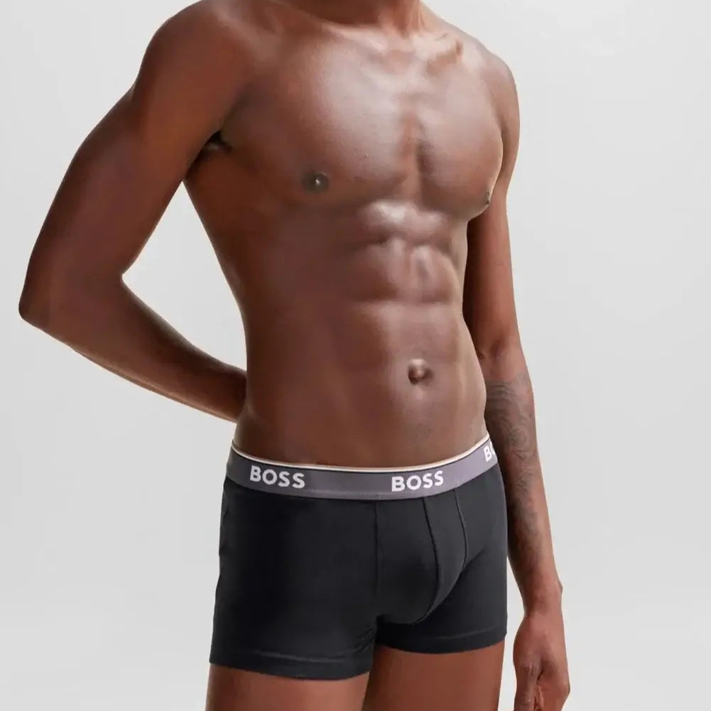 Boss 3 Pack of Stretch-Cotton Trunks - Black with Yellow/Purple/Charcoal Waistbands