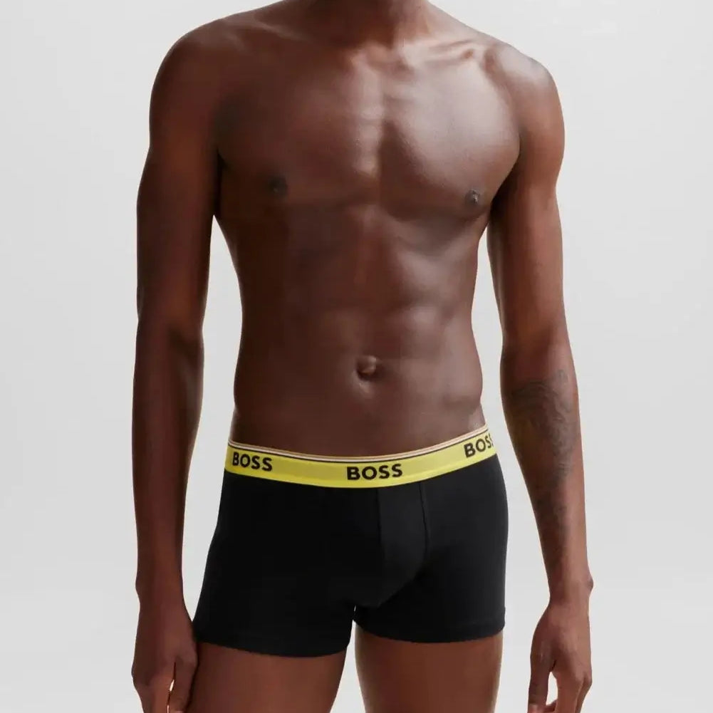Boss 3 Pack of Stretch-Cotton Trunks - Black with Yellow/Purple/Charcoal Waistbands