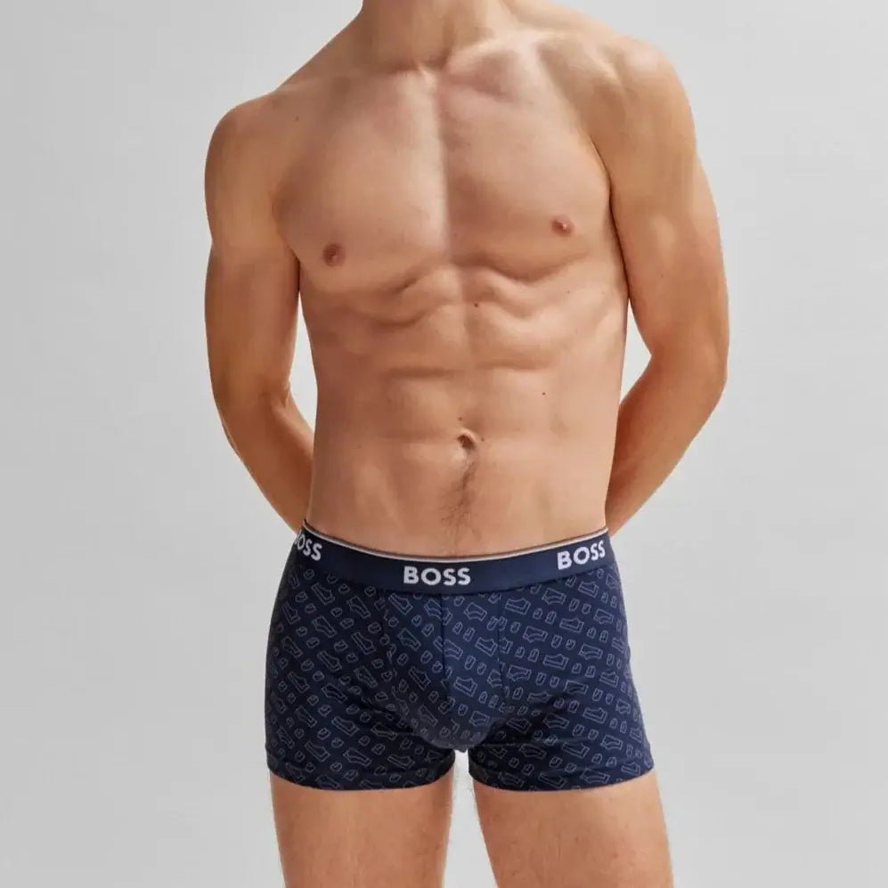 Boss 3 Pack of Stretch Cotton Trunks - Black, Blue, Print with Logo waistbands