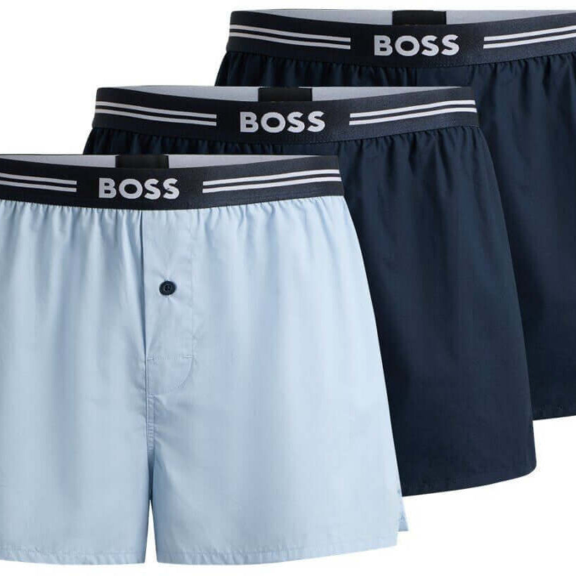 Boss 3 Pack Woven Boxers / Pyjama Shorts in Cotton Poplin - Blue
