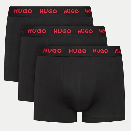 Hugo 3 Pack Stretch Cotton Trunks with Logo Waistbands - Black