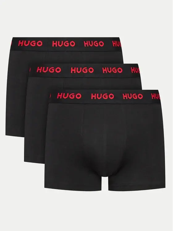 Hugo 3 Pack Stretch Cotton Trunks with Logo Waistbands - Black