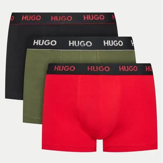 Hugo 3 Pack Stretch Cotton Trunks with Logo Waistbands - Red/Olive/Black