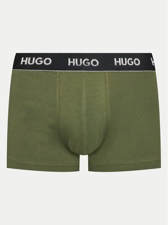 Hugo 3 Pack Stretch Cotton Trunks with Logo Waistbands - Red/Olive/Black