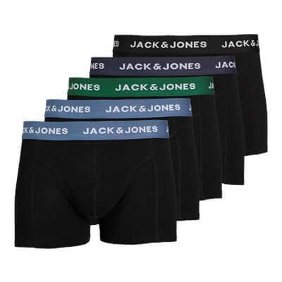 Jack & Jones Jacsolid 5 Pack Cotton Stretch Trunks - Black with Coloured Waistbands