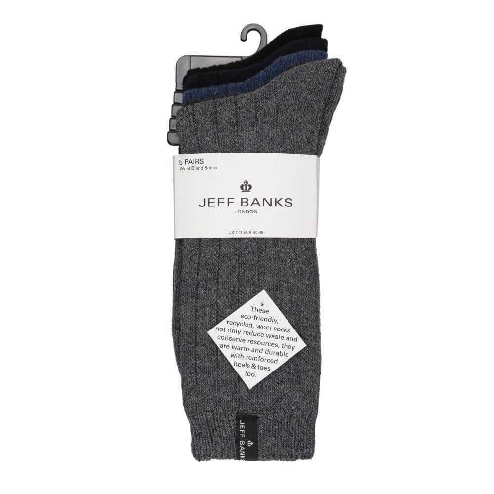 Jeff Banks men's 5 pack wool mix leisure socks - Blue, Black, Charcoal and Grey detail