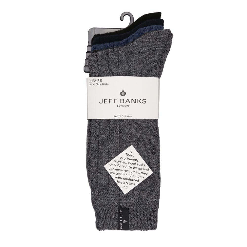 Jeff Banks men's 5 pack wool mix leisure socks - Blue, Black, Charcoal and Grey detail