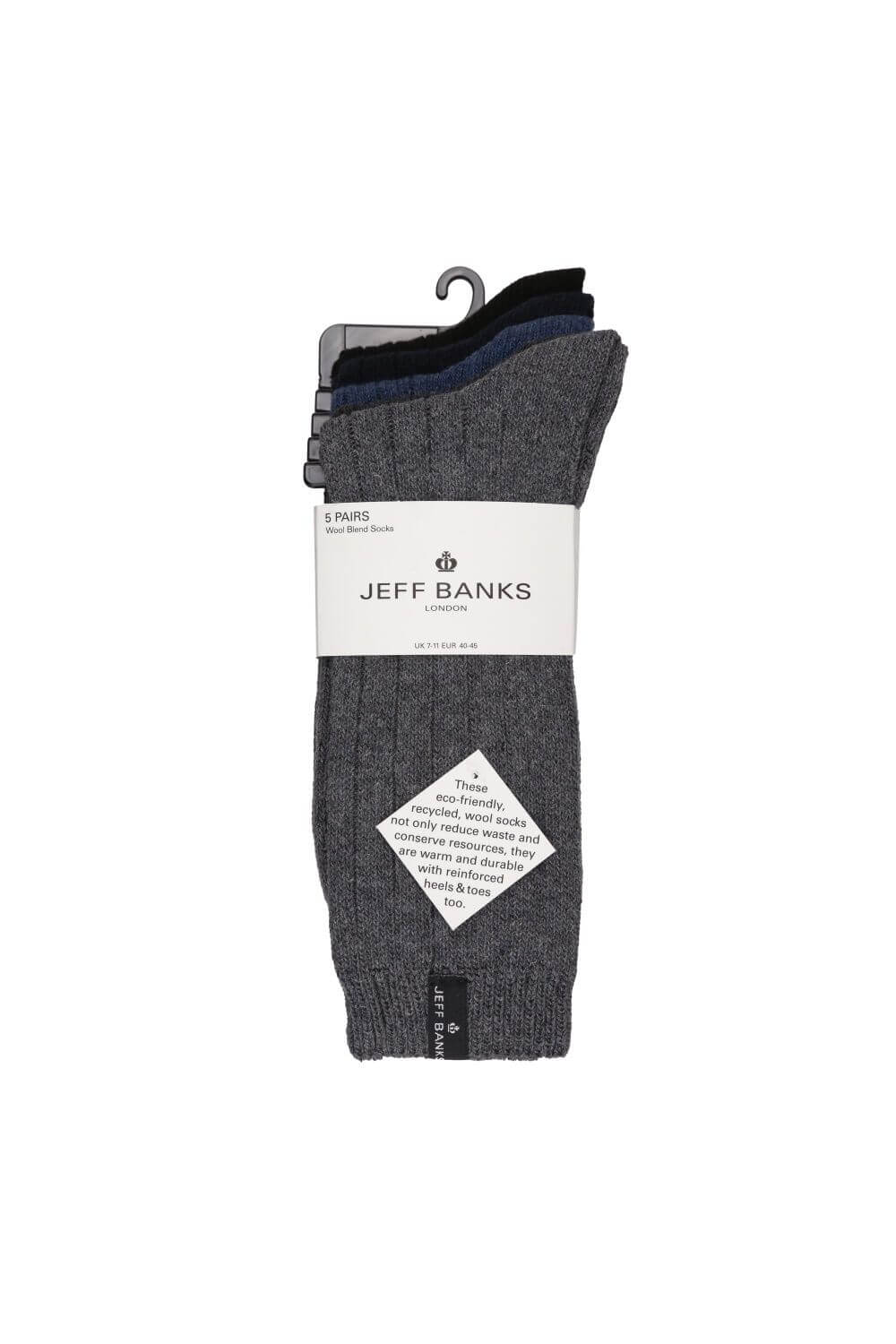 Jeff Banks men's 5 pack wool mix leisure socks - Blue, Black, Charcoal and Grey detail