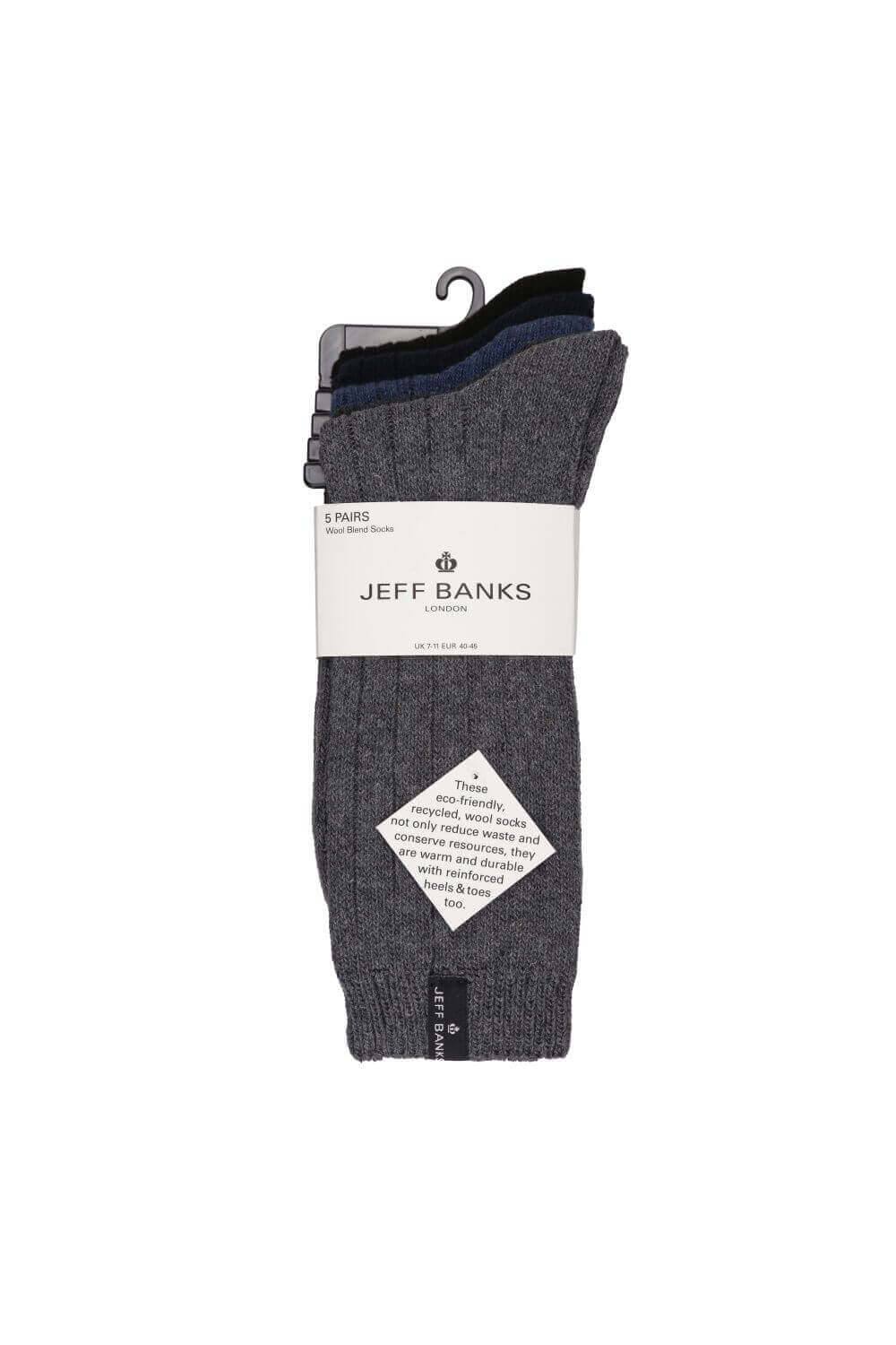 Jeff Banks men's 5 pack wool mix leisure socks - Blue, Black, Charcoal and Grey detail