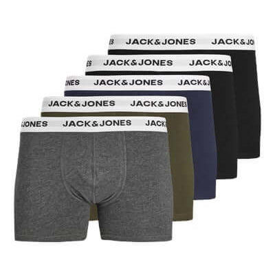 Jack & Jones Jacbasic 5 Pack Cotton Stretch Trunks - Forest Night/Navy Blazer/ Dark Grey Melange/ Black/Black